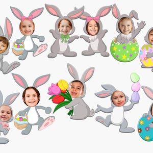 Könnte beinhalten: Zehn graue Hasen-Fotobooth-Requisiten mit verschiedenen Oster-Accessoires. Die Requisiten haben Löcher für Gesichter. Die Accessoires umfassen einen Korb mit Eiern, einen Blumenstrauß, ein Osterei und ein Küken.