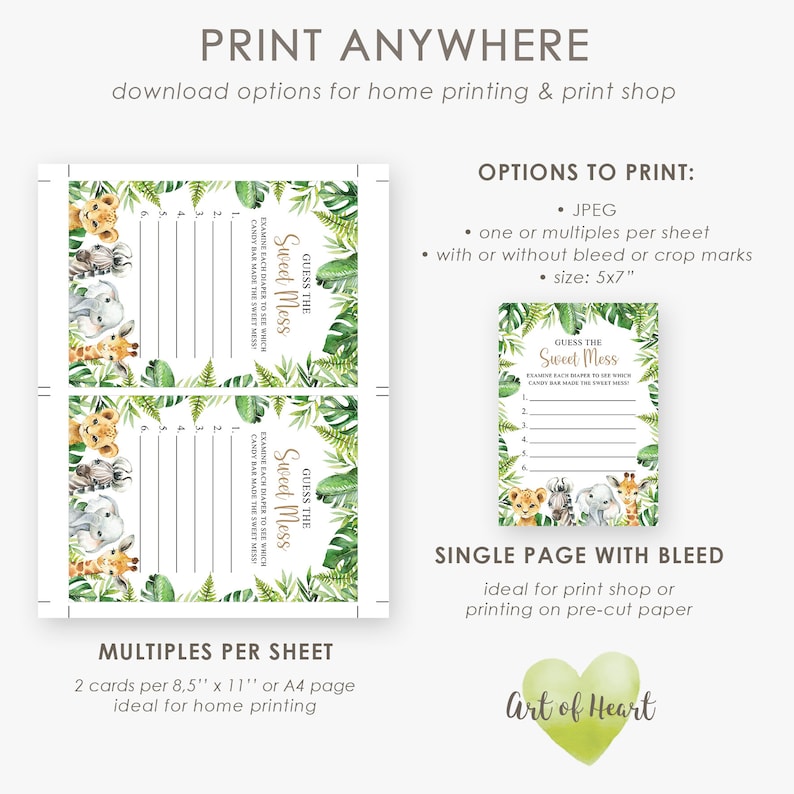 May include: Printable baby shower game cards featuring a jungle theme with a green and white leafy background. The cards have a title that says "Guess the Sweet Mess" and ask guests to guess which candy bar made the sweet mess. The cards are available in two sizes: 5x7 inches and 8.5x11 inches.