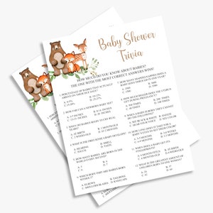 baby shower trivia, woodland baby shower games, baby trivia game, forest animals, printable, instant download