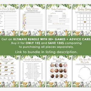 May include: A set of printable baby shower games with a jungle animal theme. The games include "The Price is Right", "Baby Shower Emoji Pictionary", "Baby Predictions and Advice", "Baby Bingo", "Baby Name Game", "Would She Rather", "Beer or Baby Belly", and "Who Gave Me My Looks".