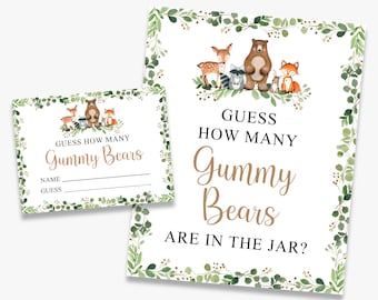 guess how many gummy bears are in the jar, woodland baby shower game, guessing game, forest animals, printable, instant download