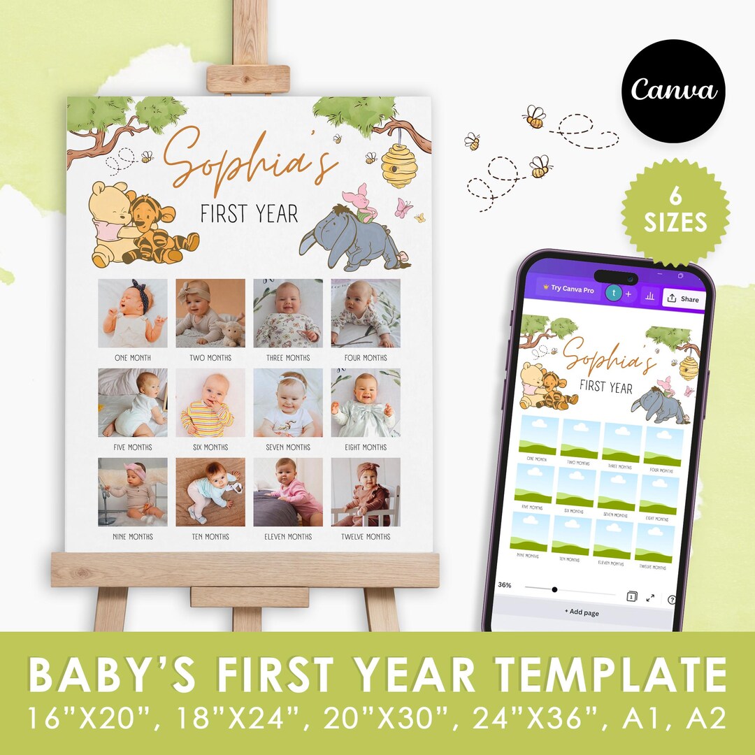 Winnie the Pooh 1st Birthday Milestone Board: Editable Template (PDF ...