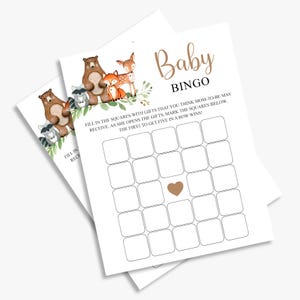 Bosbabyshowerbingo, babybingokaarten, bosdieren, genderneutraal, afdrukbaar, instant download