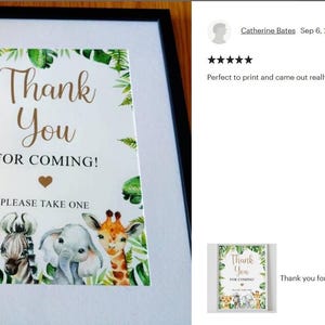 Thank you for coming sign, safari baby shower, favors sign, thank you sign, jungle animals safari, printable, instant download image 2