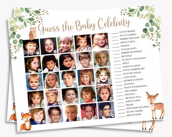 woodland baby shower games, guess the baby celebrity, who is that baby, guess the celebrity baby photos, printable, instant download