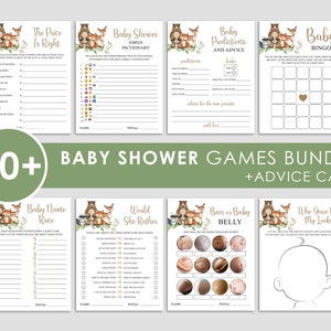 50+ woodland baby shower games BUNDLE, animal forest, baby shower games, package, girl, printable, instant download