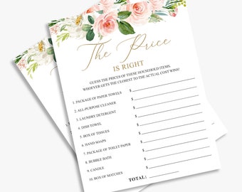 May include: A printable game card with a floral design and the text "The Price is Right". The game asks players to guess the prices of household items, such as paper towels, all-purpose cleaner, laundry detergent, dish towels, tissues, hand soaps, toilet paper, bubble bath, candles, and matches.