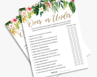 over or under, tropical bridal shower game, luau, hawaiian bridal shower, printable, instant download