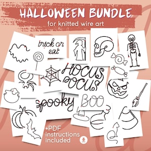 Pode incluir: Um pacote temático de Halloween para arte de arame tricotado. A imagem apresenta vários desenhos de arte de linha, incluindo um fantasma, uma teia de aranha, uma caveira, uma abóbora e as palavras "Hocus Pocus" e "Spooky". Inclui instruções em PDF.