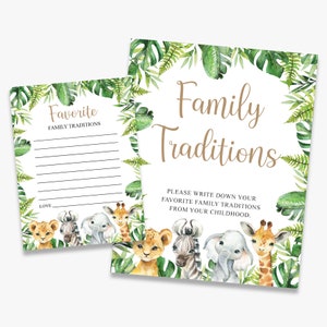 Cartões e placas de tradições familiares, chá de bebê safari, tradições familiares favoritas, selva, para impressão, download instantâneo