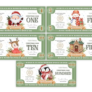 May include: A set of Christmas-themed play money bills. Each bill features a different festive illustration, including Santa Claus, a snowman, a reindeer, a house, and a penguin. The bills are green with white text and illustrations.