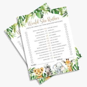 Op de afbeelding: Een printbaar "Would She Rather" spel met een jungle thema. Het spel bevat een lijst met vragen met twee keuzes waaruit de speler kan kiezen. Het spel is versierd met groene bladeren en dierillustraties.