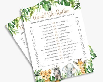 would she rather, safari baby shower games, jungle, gender neutral, printable, instant download