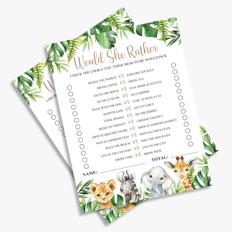 Op de afbeelding: Een printbaar "Would She Rather" spel met een jungle thema. Het spel bevat een lijst met vragen met twee keuzes waaruit de speler kan kiezen. Het spel is versierd met groene bladeren en dierillustraties.