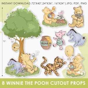 Può includere: Una collezione di otto oggetti ritagliati di Winnie the Pooh. Il set include personaggi come Winnie the Pooh, Pimpi, Eeyore e Tigro, insieme a un albero, un alveare e un barattolo di miele. Download immediato.
