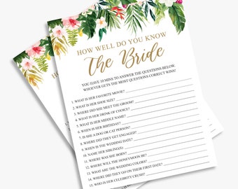how well do you know the bride, tropical bridal shower game, luau, hawaiian bridal shower, summer, printable, instant download