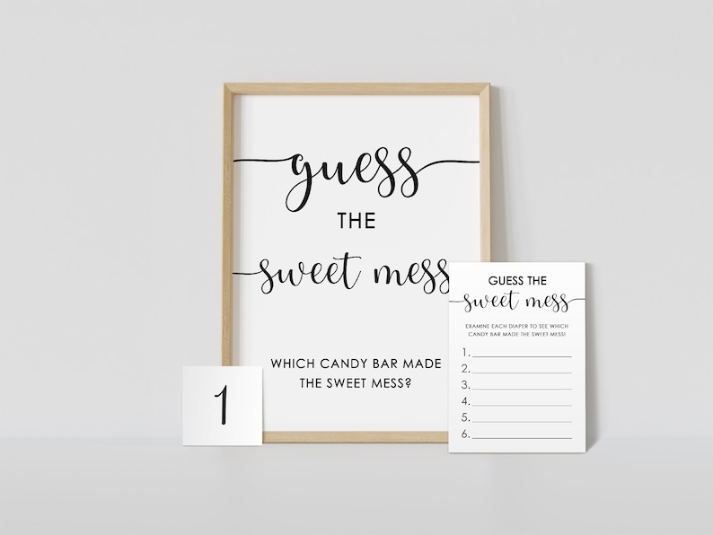 Guess the sweet mess game, minimalist, poopy diaper game, gender neutral, funny baby shower game, black & white, printable, instant download image 1