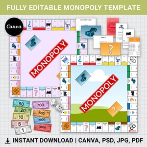 Modelo de Monopólio em branco editável, pacote, jogo de tabuleiro Monopólio personalizado, personalizado, faça você mesmo, jogo Monopólio, Canva, PDF, download instantâneo