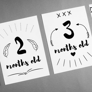 Tarjetas de hitos imprimibles en blanco y negro, género neutral, tarjetas de bebé de hitos mensuales, digital, descarga instantánea