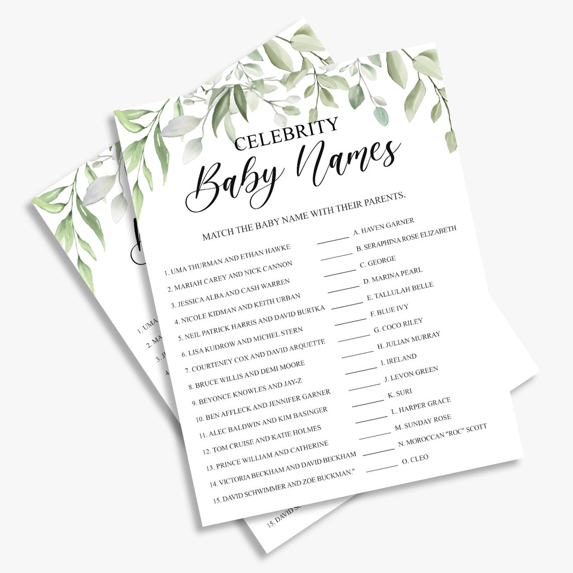 Celebrity Baby Name Game Greenery Baby Shower Games Foliage Etsy