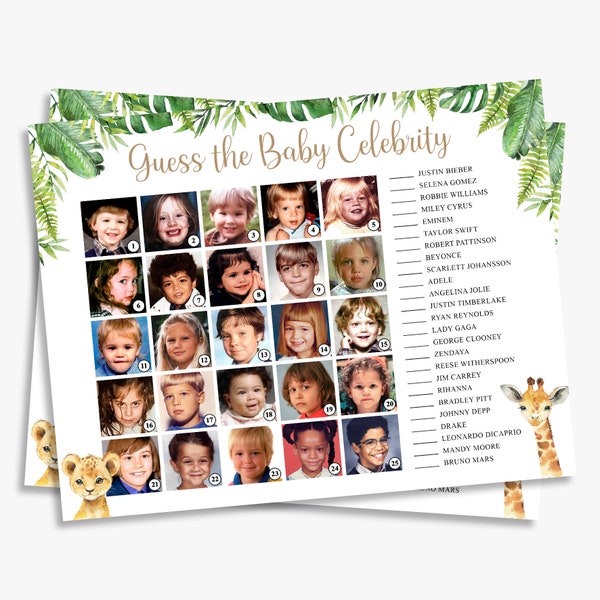 safari baby shower games, guess the baby celebrity, who is that baby, jungle, guess the celebrity baby photos, printable, instant download