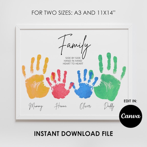 family handprint art, personalized, kids baby craft, family keepsake ideas, custom, editable, Canva, printable, instant download