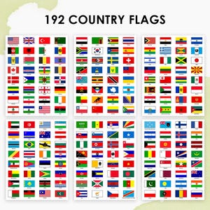 May include: Six rectangular prints displaying 192 country flags. Each flag is a unique design with various colours and patterns. The text "192 COUNTRY FLAGS" is at the top of the image.