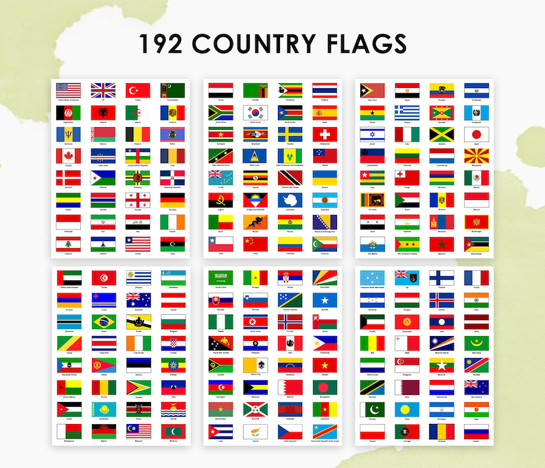May include: Six rectangular prints displaying 192 country flags. Each flag is a unique design with various colours and patterns. The text "192 COUNTRY FLAGS" is at the top of the image.