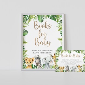 Puede incluir: Un cartel imprimible para un baby shower con tem&aacute;tica de selva. El cartel dice "Libros para el beb&eacute;" y presenta un le&oacute;n, una cebra, un elefante y una jirafa. El cartel tambi&eacute;n dice "Gracias por comenzar la primera biblioteca del beb&eacute;."