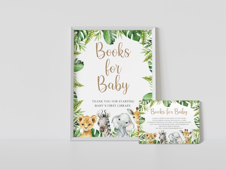 Puede incluir: Un cartel imprimible para un baby shower con tem&aacute;tica de selva. El cartel dice "Libros para el beb&eacute;" y presenta un le&oacute;n, una cebra, un elefante y una jirafa. El cartel tambi&eacute;n dice "Gracias por comenzar la primera biblioteca del beb&eacute;."