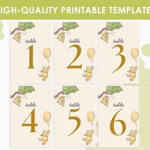May include: Six printable table cards numbered one through six, featuring a light cream background, a watercolor illustration of a yellow bear holding a balloon, a beehive hanging from a tree branch, and the text HIGH-QUALITY PRINTABLE TEMPLATES.
