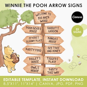 Winnie the Pooh Direction Arrow Signs, Classic Pooh Party Decorations, Welcome Hundred 100 Acre Wood, Printable, Editable, Instant Download
