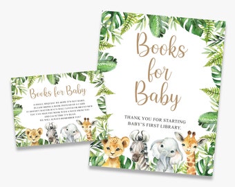 Books for baby sign + cards, safari baby shower sign, jungle, printable, instant download