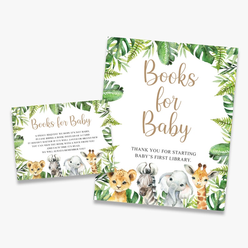 Puede incluir: Un cartel imprimible para una fiesta de bienvenida al beb&eacute; con tem&aacute;tica de la jungla. El cartel dice "Libros para el beb&eacute;" y presenta una linda ilustraci&oacute;n de un le&oacute;n, una cebra, un elefante y una jirafa. El cartel tambi&eacute;n incluye el texto "Gracias por comenzar la primera biblioteca del beb&eacute;."
