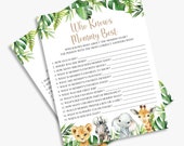 who knows mommy best, safari baby shower games, jungle, printable, instant download