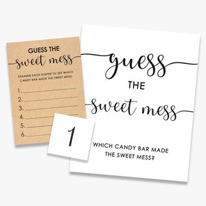 Adivina el juego del dulce desorden, juego de pañales con caca, baby shower rústico, adivina el chocolate, signo + tarjetas + números, imprimible, descarga instantánea