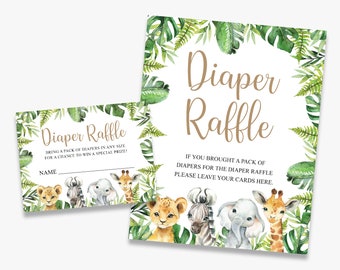 Luierloterijticket en -bord, safari babyshower, luierloterijuitnodiging invoegen, jungle, afdrukbaar, instant download
