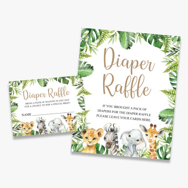 Diaper Raffle Ticket and Sign, safari baby shower, Diaper Raffle Invitation Insert, jungle, printable, instant download