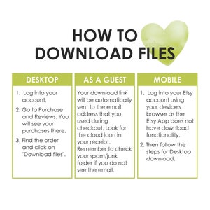 Puede incluir: Un gr&aacute;fico de coraz&oacute;n verde con el texto "HOW TO DOWNLOAD FILES" encima. Tres cuadros verdes con texto blanco explican c&oacute;mo descargar archivos digitales de Etsy en una computadora de escritorio, como invitado y en un dispositivo m&oacute;vil.