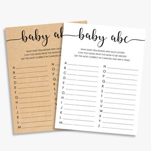 Juego del abecedario para bebés, juegos para baby shower, kraft, juego de artículos para bebés, juego del alfabeto, juego de nombres de artículos de la A a la Z, imprimible, baby shower rústico