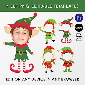Aggiungi la tua foto, modello vuoto per il viso dell'elfo, lavoretto natalizio per bambini, bacheca degli elfi, fai da te, decorazioni natalizie, download immediato
