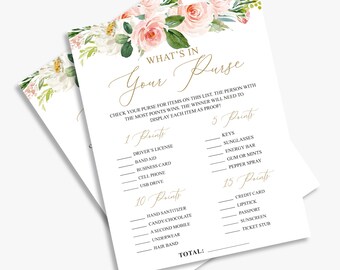 Blush Floral Bridal Shower-spel: Vad finns i din väska (utskrivbar)