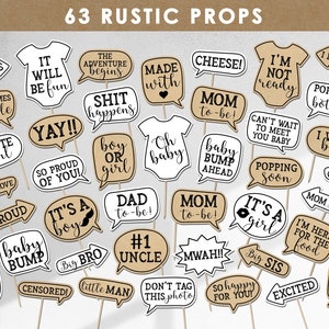 63 oggetti di scena rustici per baby shower, in carta kraft e bianco, unisex, decorazioni per baby shower, oggetti di scena, stampabili, fai da te, download immediato