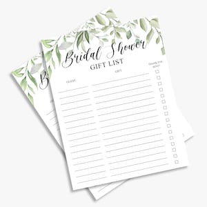 May include: Printable bridal shower gift list tracker with a green leafy design. The tracker has columns for guest name, gift, and a check box for thank you sent.