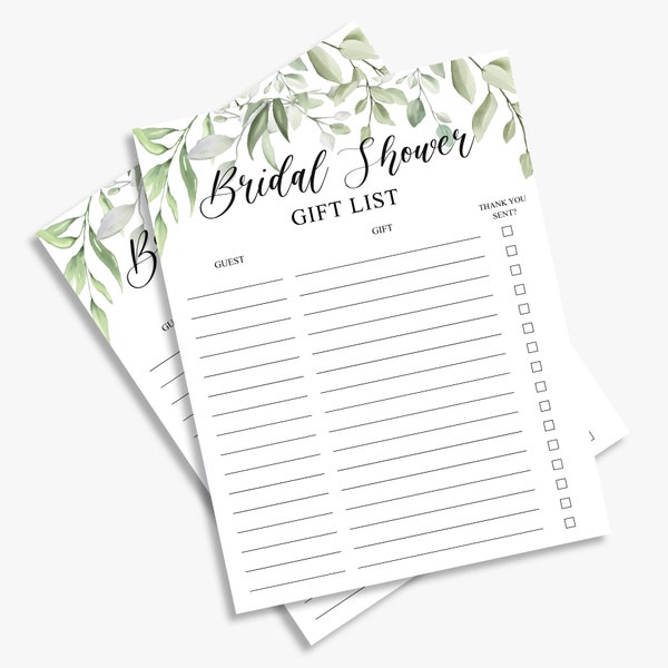 Gift list, greenery bridal shower, foliage, bridal shower gift list, green leaves, printable, instant download