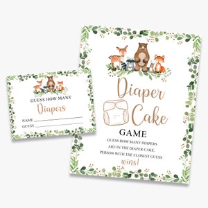 Windeltorte-Spiel, Babyparty im Wald, Raten Sie wie viele Windeln, Waldtiere, Windeltorte Schätzspiel, Printable, Sofort-Download