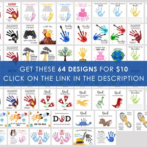 May include: A collage of 64 printable Father's Day cards featuring handprint art and various designs. The cards include messages like "You are my superhero", "I love building memories with you", "Dad you rock", and "I love my awesome Dad".