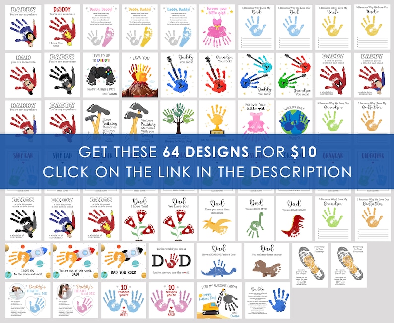 May include: A collage of 64 printable Father's Day cards featuring handprint art and various designs. The cards include messages like "You are my superhero", "I love building memories with you", "Dad you rock", and "I love my awesome Dad".