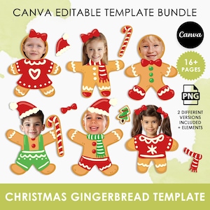 May include: A Canva editable template bundle featuring Christmas gingerbread designs. The image includes gingerbread people with children's faces, candy canes, and holiday elements. The template includes 16+ pages and is available in PNG format.