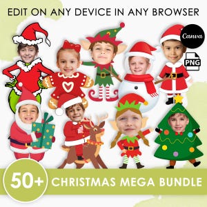 May include: A collection of Christmas-themed digital cutouts featuring children's faces. The designs include Santa Claus, elves, a snowman, and a gingerbread person. Text on the image reads "EDIT ON ANY DEVICE IN ANY BROWSER" and "50+ CHRISTMAS MEGA BUNDLE".